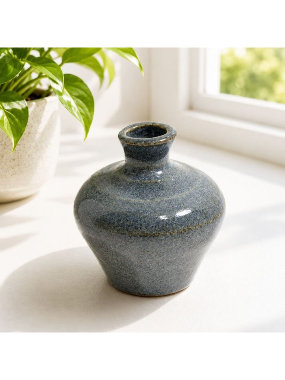 Handcrafted Vintage Ceramic Bud Vase In Speckled Glaze Rustic Brown & Blue 4" Ta